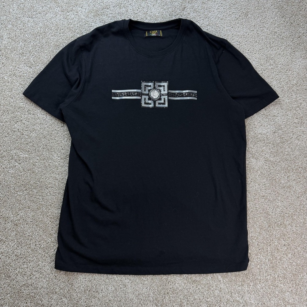 Casa Moda Couture Shirt Mens Large Black Graphic Greek Key Logo Tee T-Shirt